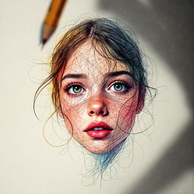 The primary subject of the image is a drawing or illustration of a woman's face. The setting is a paper or canvas surface, and the visual style appears to be a combination of digital art and traditional drawing techniques. The colors and mood of the image are predominantly warm and inviting, with the woman's face being the main focus of the artwork.